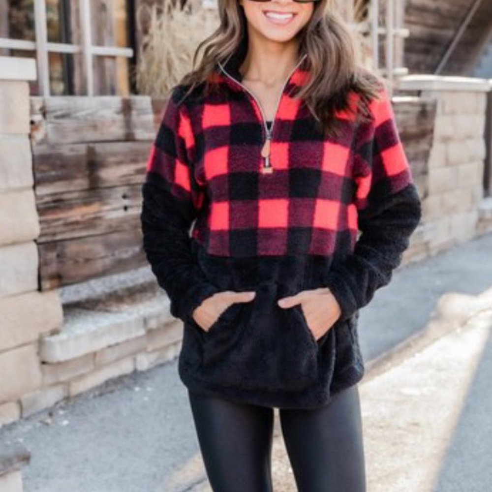 Pink Lily Plaid Color Block Sherpa Size XS